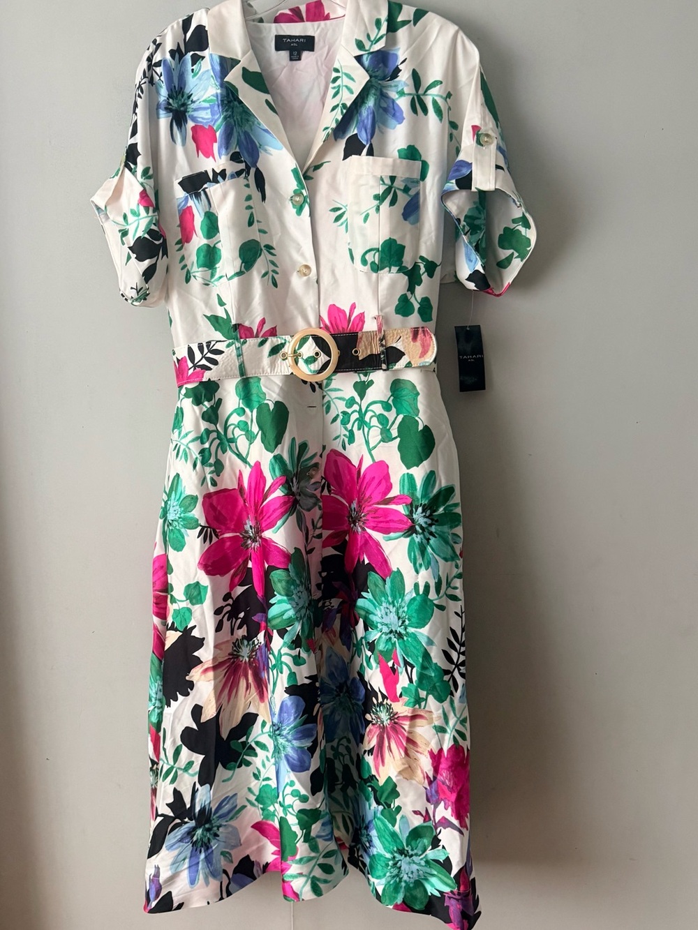 Tahari ASL White Floral Midi Skirt with Pink, Green & Blue Blooms - Picture 2 of 6